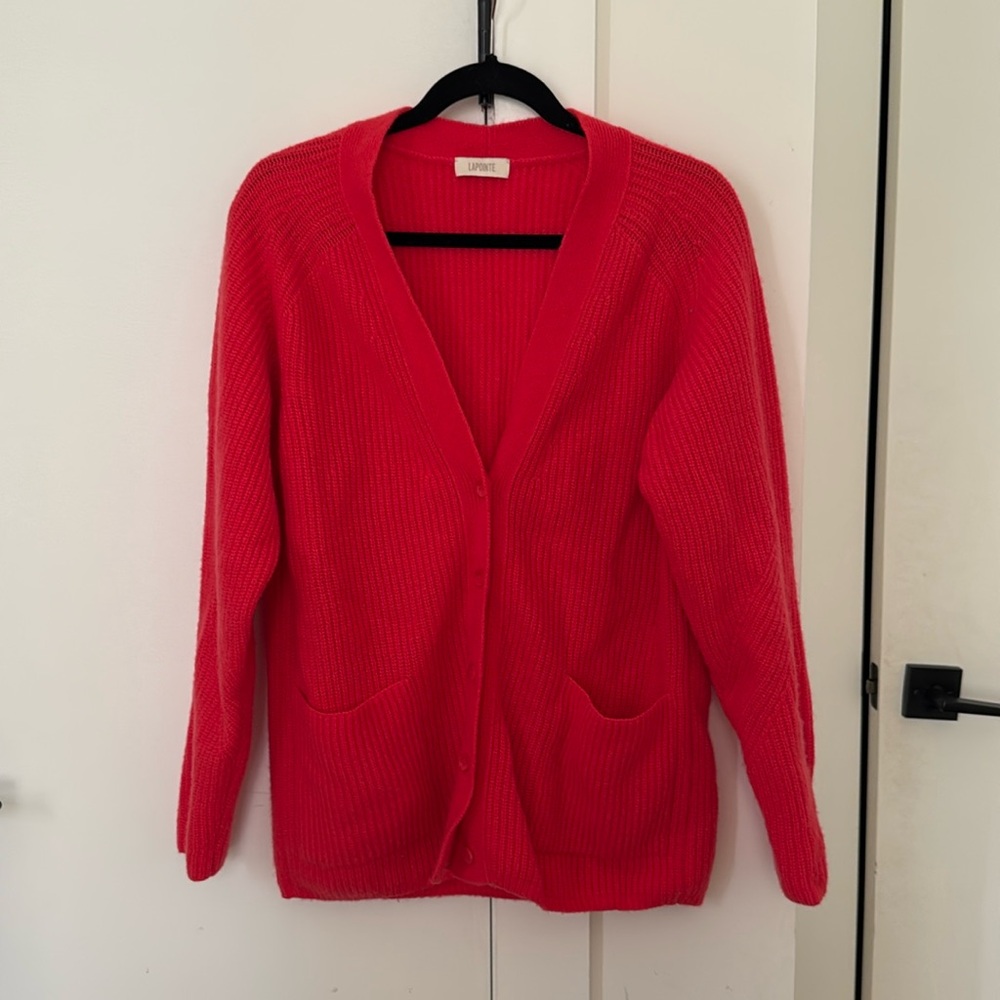 LAPOINTE CASHMERE SILK CARDIGAN HOT CORAL DEEP PINK SIZE SMALL